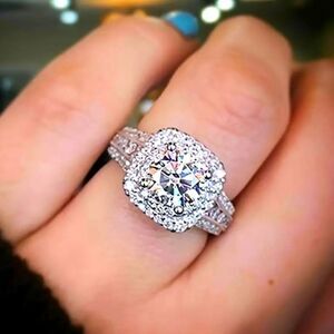 Elegant Classy Ring Square Halo Design Paved Full Shiny Zircon Silver Tone Ring